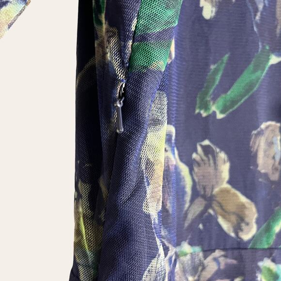 Marchesa Voyage Iris Blue Sheer Pleated Floral Print V-Neck Midi Dress 2 - Picture 13 of 16